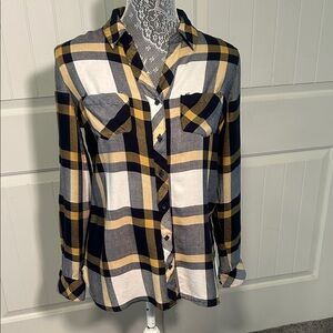 Charlie B  Navy and Yellow Checkered Shirt S